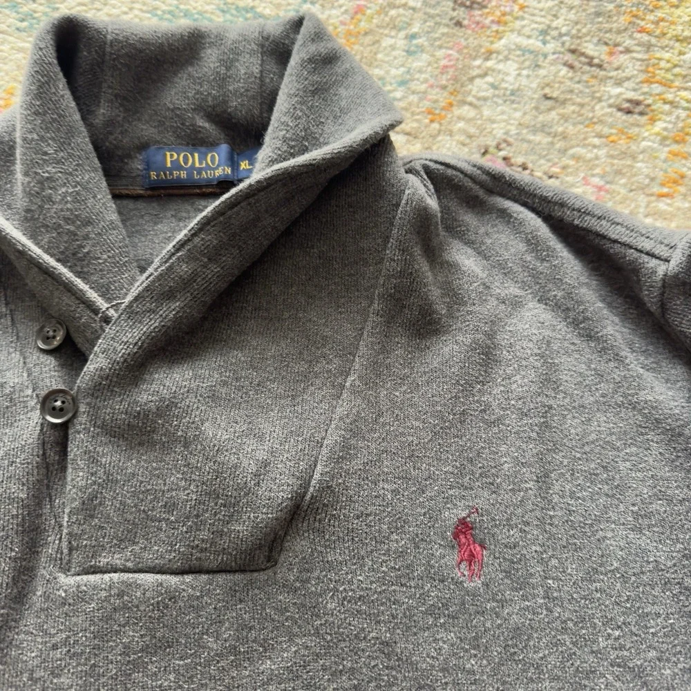 Men Polo Ralph Lauren Pony Shawl Collar Pullover Elbow Patch Sweater XL Gray Vtg